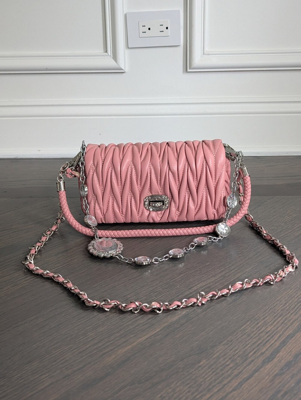Women's Wrinkled 3 Chain Faux Leather Shoulder Handbag